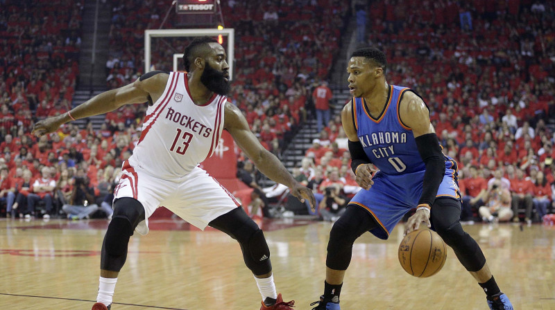 Džeimss Hārdens un Rasels Vestbruks
Foto: USA Today / Scanpix