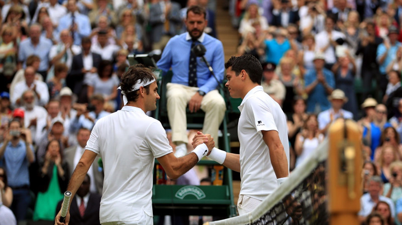 Rodžers Federers un Milošs Raoničs 2016. gada Vimbldonas pusfinālā
Foto: PA Wire/Scanpix