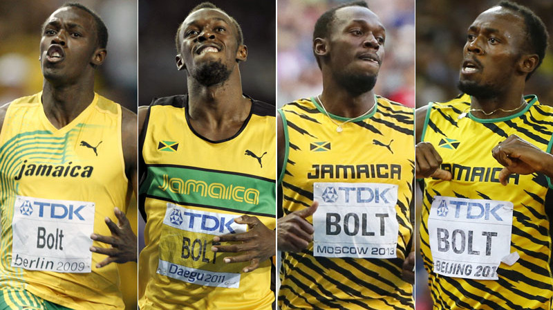 Juseins Bolts 2009., 2011., 2013. un 2015. gada pasaules čempionātos.
Foto: AP/Scanpix & Reuters/Scanpix