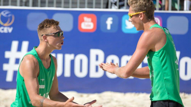 Kristaps Šmits un Mihals Samoilovs
Foto: Rainer Mirau / Beachvolleyball Baden