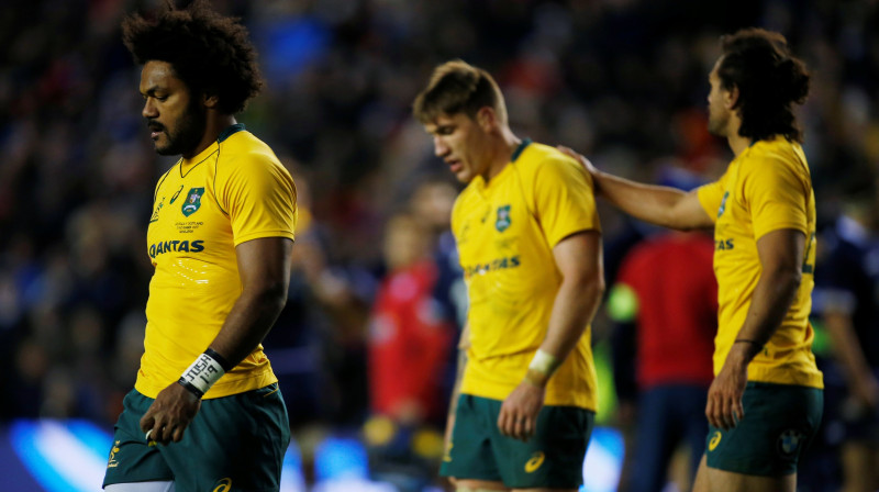 Austrālijas izlases spēlētāji pēc zaudējuma Skotijai.
Foto: AFP/Scanpix
