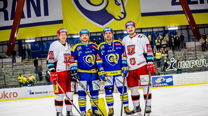 Andris Džeriņš, Ralfs Freibergs, Roberts Bukarts un Oskars Cibuļskis 
Foto: hokej.zlin.cz