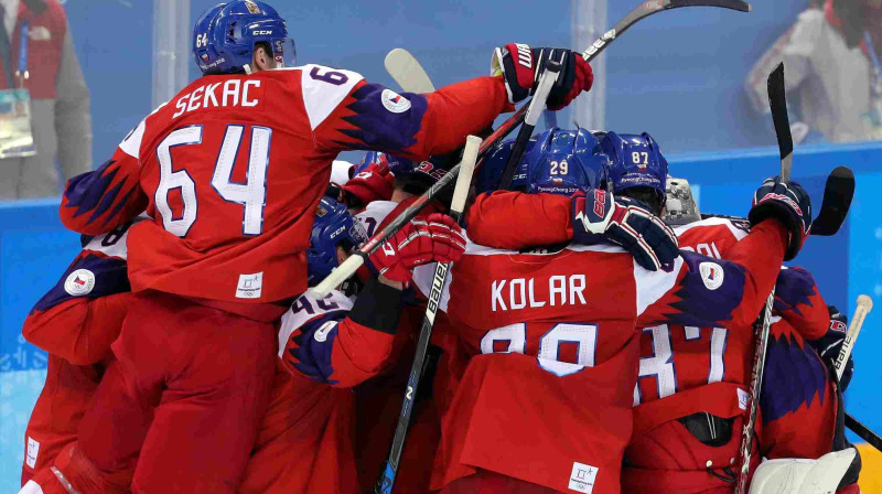 Čehijas izlase pēc uzvaras pār ASV olimpisko spēļu ceturtdaļfinālā
Foto: ERA/Scanpix