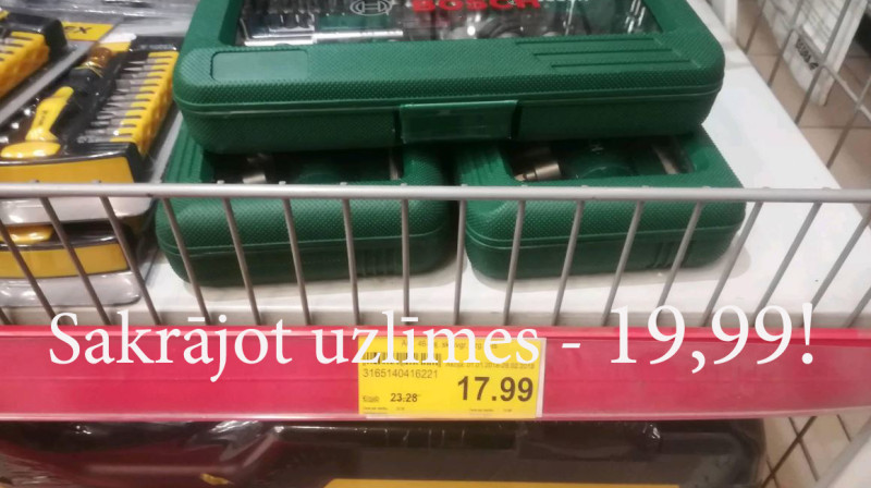 Foto no sociālajiem tīkliem. Veikalā Kurši 17.99 vērto skrūvgriežņu komplektu, sakrājot uzlīmes un iztērējot 150 eiro, Rimi piedāvā nopirkt par 19,99. Izcila akcija!