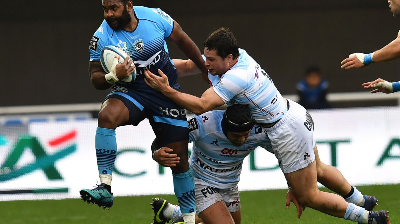"Racing 92" nespēja apturēt ne Timoci Nagusu, kurš guva piezemējumu, ne visu Monpeljē komandu. 
Foto: AFP/Scanpix