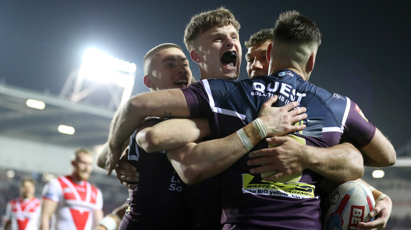 Līdsas "Rhinos" spēlētāji svin gūto piezemējumu
Foto: Action Images/Scanpix