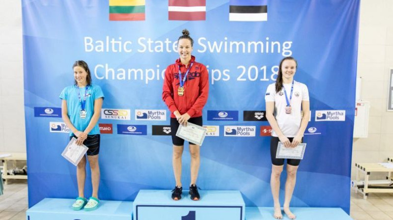 Ieva Maļuka (pa kreisi) un Gabriela Ņikitina (centrā) pēc martā gūtās dubultuzvaras Baltijas valstu čempionāta 100 metru brīvā stila distancē
Foto: swimming.lv