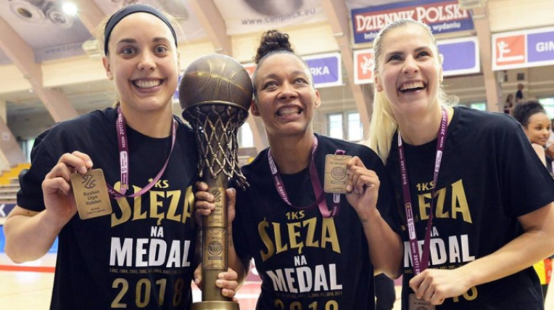 Elīna Dikeulaku ar komandas biedrēm
Foto: Sleza Wroclaw