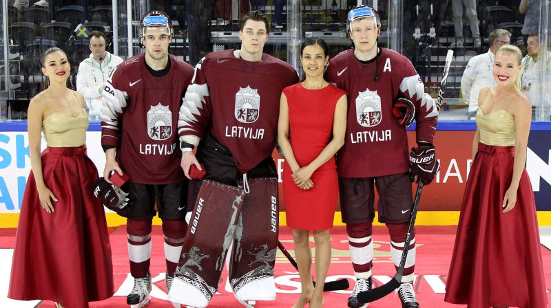 Trīs labākie Latvijas izlasē PČ: Kristaps Sotnieks, Elvis Merzļikins un Andris Džeriņš
Foto: IIHF