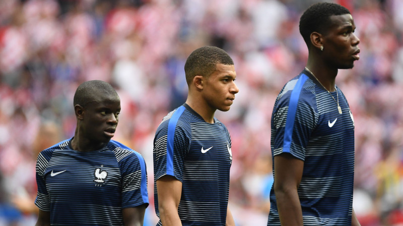 Ngolo Kantē, Kilians Mbapē un Pols Pogbā. Foto: AFP/Scanpix