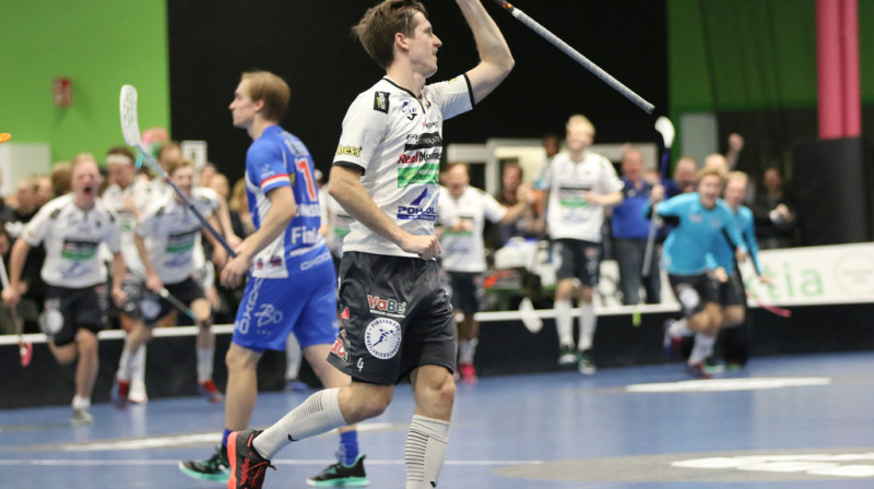 Morics Krūmiņš pēc uzvaras vārtu gūšanas
Foto: Esa Takalo