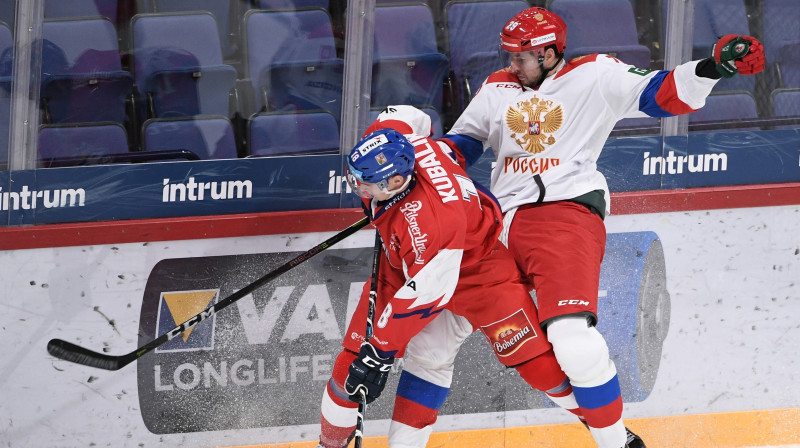 Čehijas izlases uzbrucējs Dominiks Kubaļiks (nr. 18) guva trīs vārtus pret Krieviju. Foto: Scanpix/Sputnik