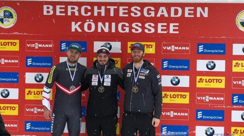 Inārs Kivlenieks pēc uzvaras Nāciju kausā. Foto: Latvijas Kamaniņu sporta federācija