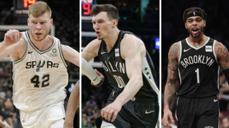 Dāvis Bertāns, Rodions Kurucs un viņa komandas biedrs D`Andželo Rasels. Foto: AP/USA Today Sports/Scanpix