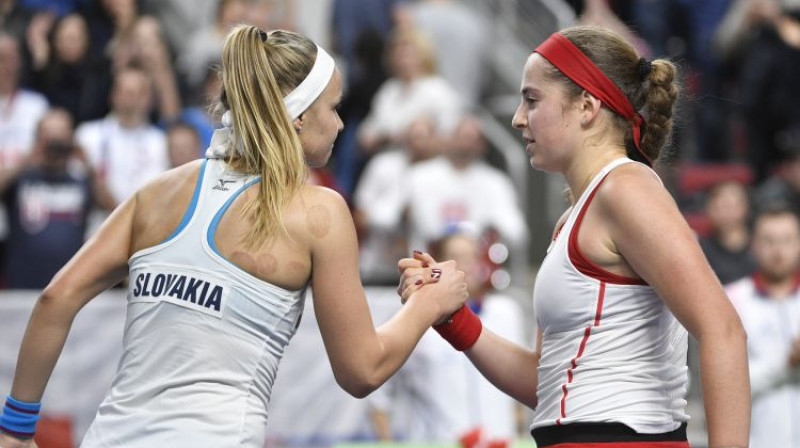 Rebeka Šramkova un Aļona Ostapenko. Foto: Romāns Kokšarovs/F64