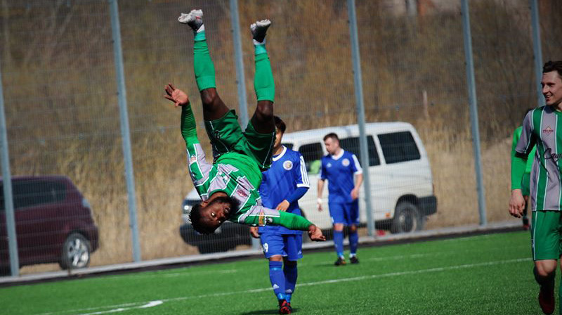 Lulū Pamā atzīmē savus trešos vārtus pret rēzekniešiem. Foto: Jānis Klāks