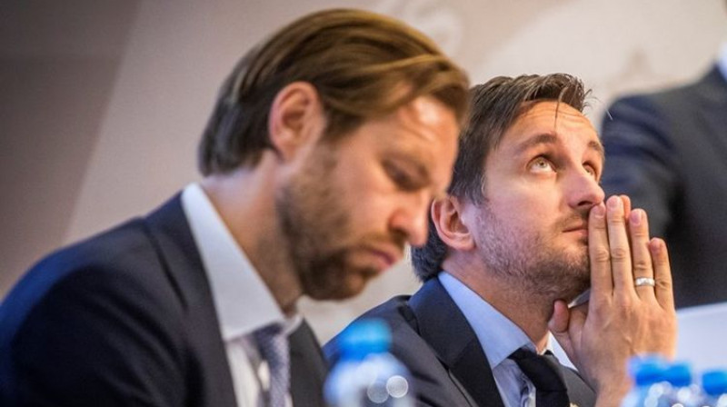 Kaspars Gorkšs un Edgars Pukinsks LFF kongresā. Foto: LFF