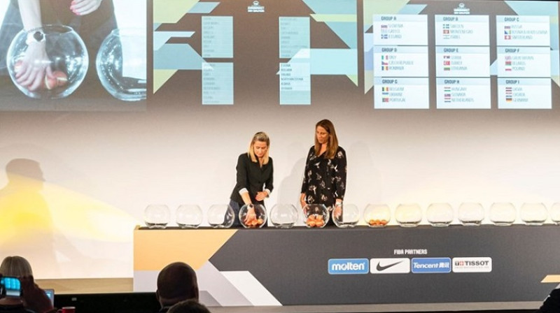 Gunta Baško un Elizabete Sebriana "Women`s EuroBasket 2021" kvalifikācijas izlozē 2019. gada 22. jūlijā Minhenē. Foto: FIBA