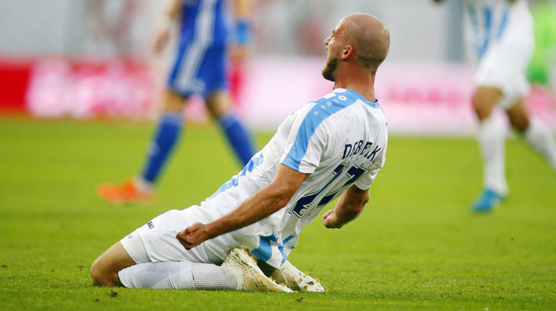 "Riga FC" pussargs Romāns Debelko svin vārtu guvumu. Foto: Imago/Scanpix