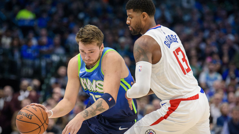 Luka Dončičs un Pols Džordžs. Foto: USA Today Sports/Scanpix