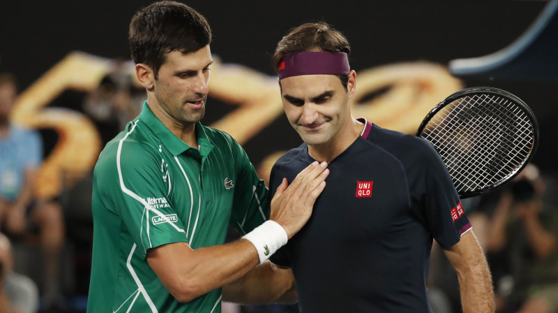 Novaks Džokovičs un Rodžers Federers. Foto: Reuters/Scanpix