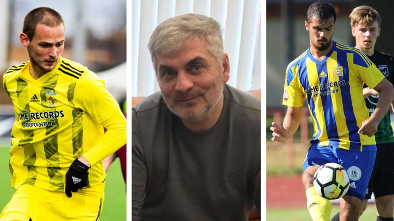 Jevgeņijs Kazačoks, Adlans Šišhanovs un Ņikita Koļesovs. Foto: Raitis Supe un FK "Ventspils"