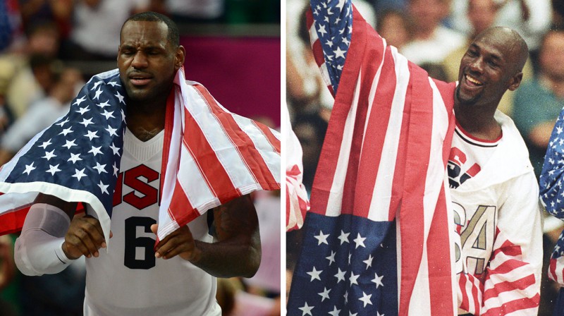 Olimpiskie čempioni Lebrons Džeimss un Maikls Džordans. Foto: AFP / Reuters / Scanpix
