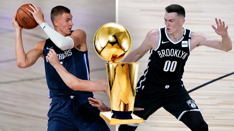 Kristaps Porziņģis, Lerija O'Braiena NBA čempionu trofeja un Rodions Kurucs. Foto: Scanpix