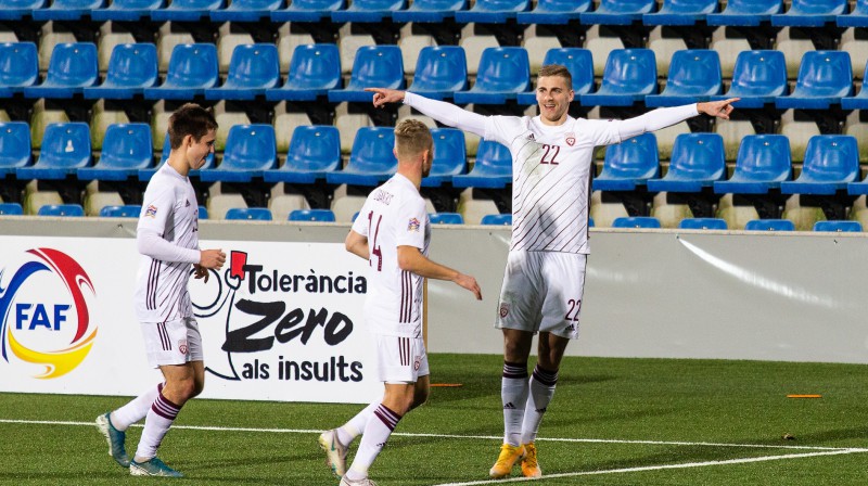 Vladislavs Gutkovskis atzīmē vārtus Andorā. Foto: LFF
