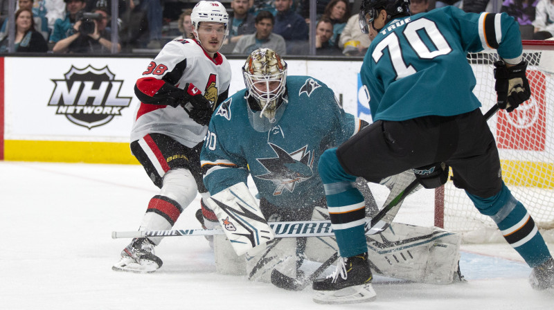 Rūdolfs Balcers mačā pret Sanhosē "Sharks". Foto: USA Today Sports/Scanpix