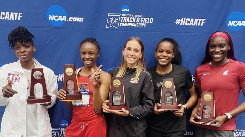 Rūta Lasmane (vidū) labāko trīssoļlēcēju pieciniekā NCAA. Foto: FSU Jumps / instagram.com/rlasmane