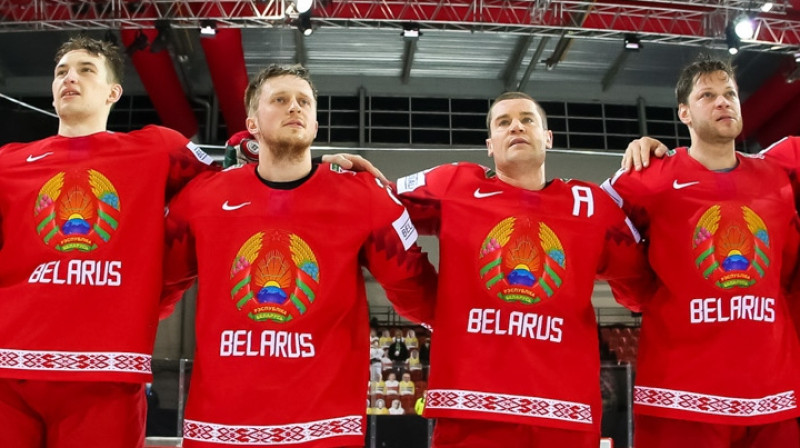 Baltkrievijas izlases spēlētāji pasaules čempionātā Rīgā. Foto: IIHF