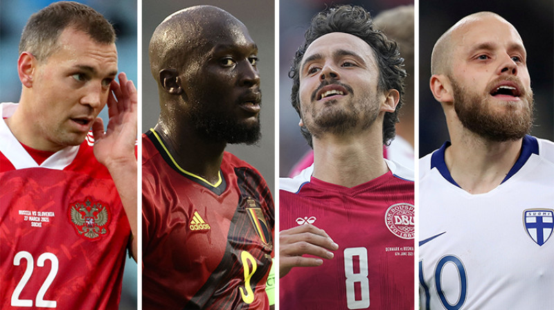 Artjoms Dzjuba/Romelu Lukaku/Tomass Deleinijs/Tēmu Puki. Foto: AFP/Zumapress/Reuters/Scanpix