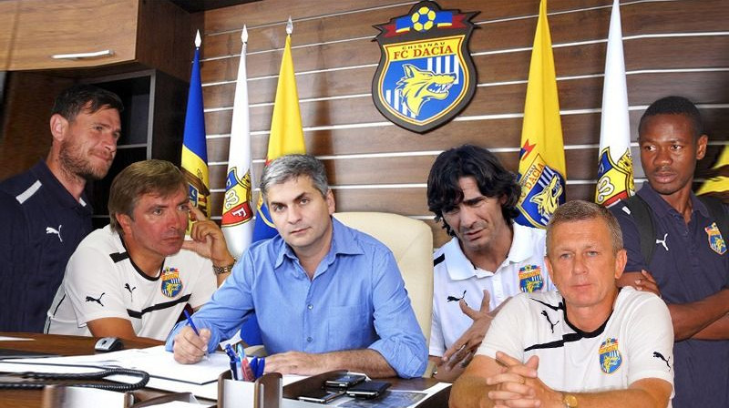 Viorels Frunze, Igors Dobrovoļskis, Adlans Šišhanovs, Dejans Vukičevičs, Igors Kļosovs un Abdulgafars Mamahs. Foto: FC Dacia. Kolāžas autors: Emīls Ozerinskis