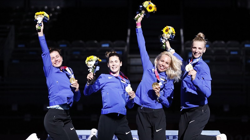 Jūlija Beļajeva, Irina Embriha, Erika Kirpū, Katrīna Lehisa 2021. gada 27. jūlijā Tokijā. Foto: EPA/Scanpix