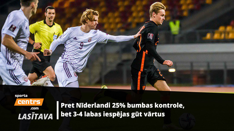 Mārtiņš Ķigurs mēģina apstādināt Frenkiju de Jongu. Foto: AFP/Scanpix
