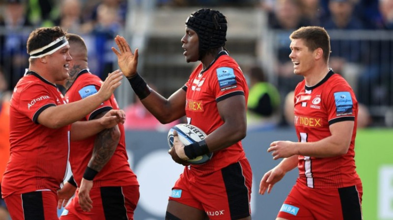 Džeimijs Džordžs, Maro Itodže un Ovens Farels svin kārtējo piezemējumu Foto:premiershiprugby.com