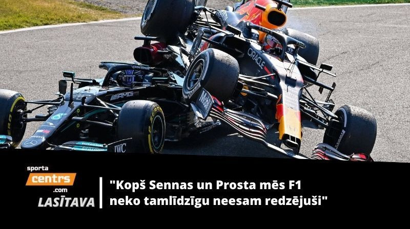 Lūiss Hamiltons divcīņā ar Maksu Verstapenu, abiem izlidojot no trases. Foto: imago images/PanoramiC/Scanpix
