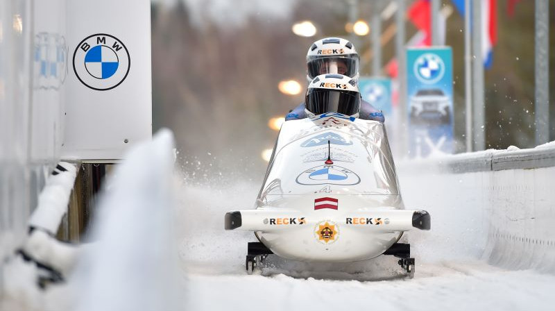 Dāvis Kaufmanis trasē. Foto: Viesturs Lācis/bobslejs.lv