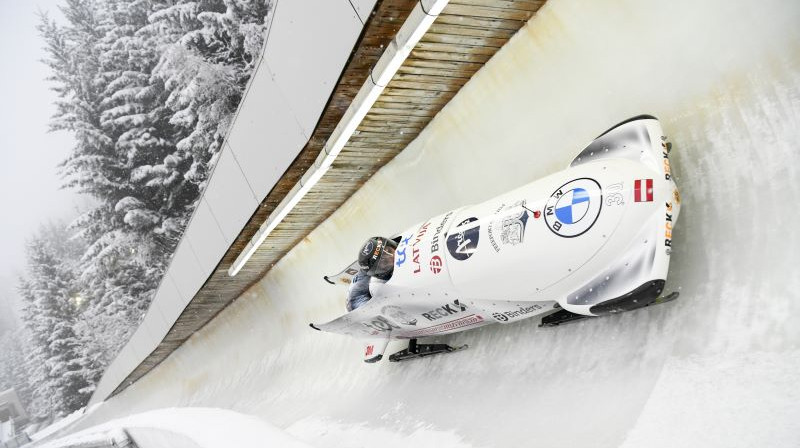 Dāvis Kaufmanis trasē. Foto: Viesturs Lācis/bobslejs.lv