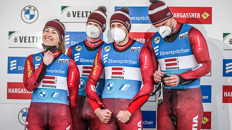 Latvijas stafetes komanda izcīnīja uzvaru PK posmā Vinterbergā. Foto: Mareks Gaļinovskis|FIL