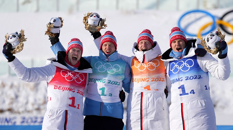 Norvēģijas biatlonisti 2022. gada 15. februārī. Foto; EPA/Scanpix