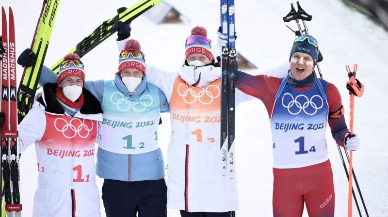 Norvēģijas vīriešu biatlona stafetes komanda. Foto: Christian Bruna/EPA/Scanpix