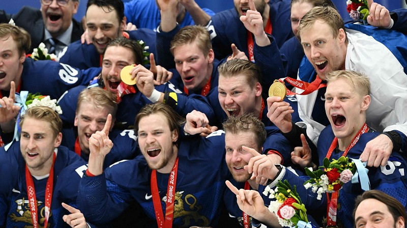 Somijas hokejisti 2022. gada 20. februārī. Foto: AFP/Scanpix