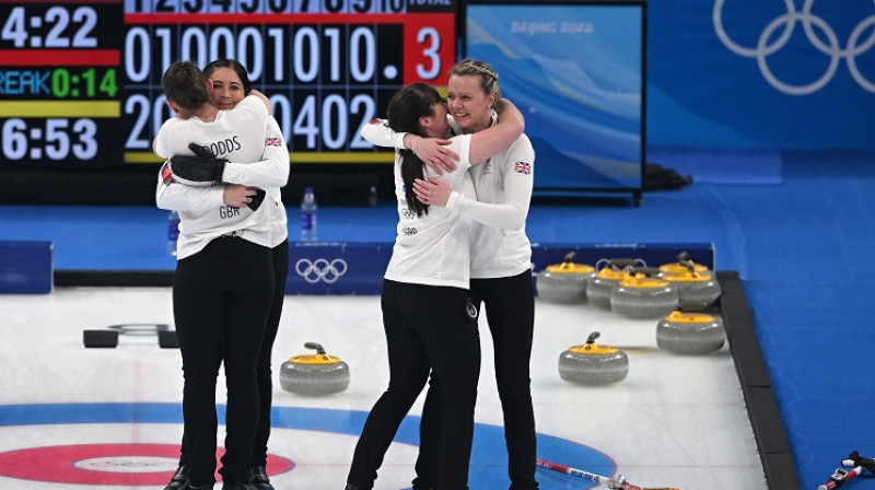 Lielbritānijas kērlingistes svin uzvaru. Foto: AFP/Scanpix