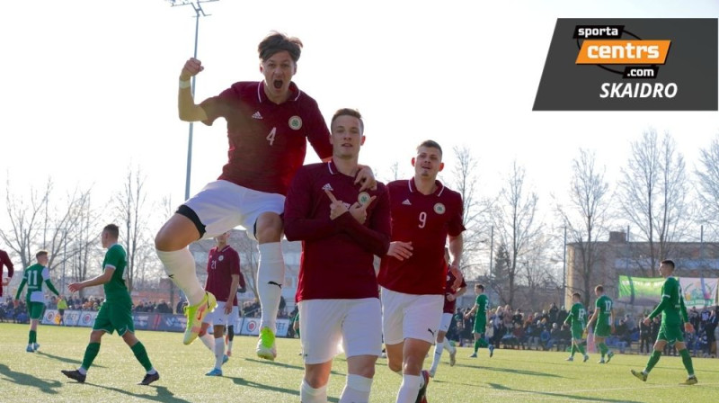 Tomislavs Štrkaļs atzīmē vārtu guvumu Latvijas izlases kreklā. Foto: Kristians Putniņš/FK Auda
