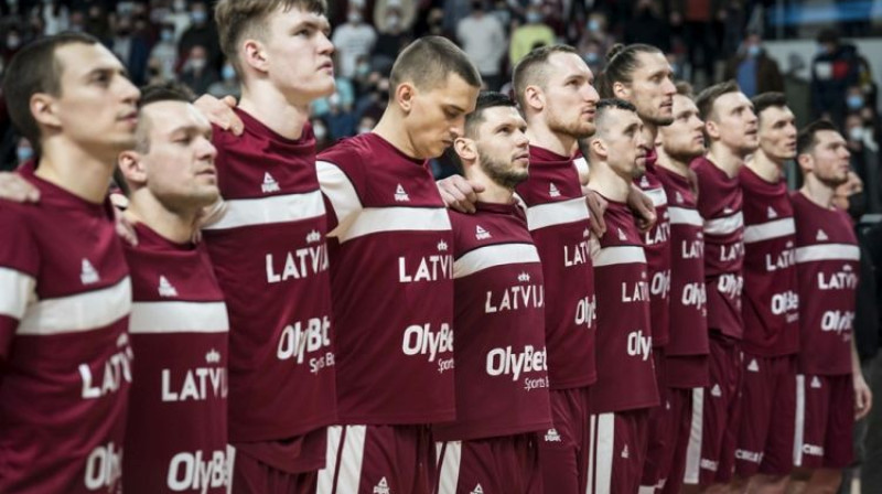 Latvijas izlase pēdējā spēlē pret Beļģiju. Foto: FIBA