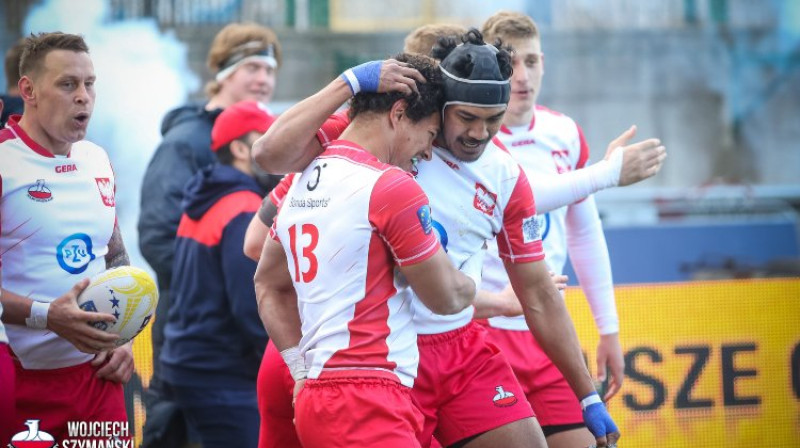 Polijas izlases regbisti pēc piezemējuma veikšanas, Foto: facebook.com/pzrugby