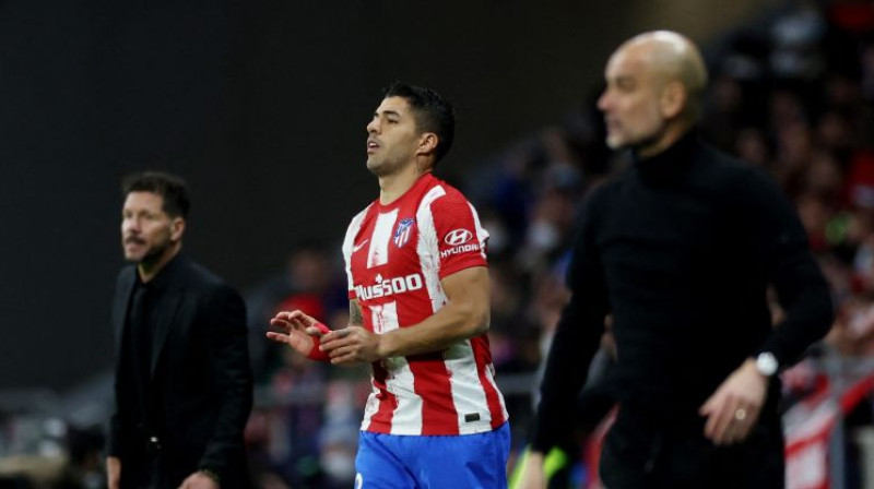 Djego Simeone, Luiss Svaress un Žuzeps Gvardiola. Foto: Reuters/Scanpix