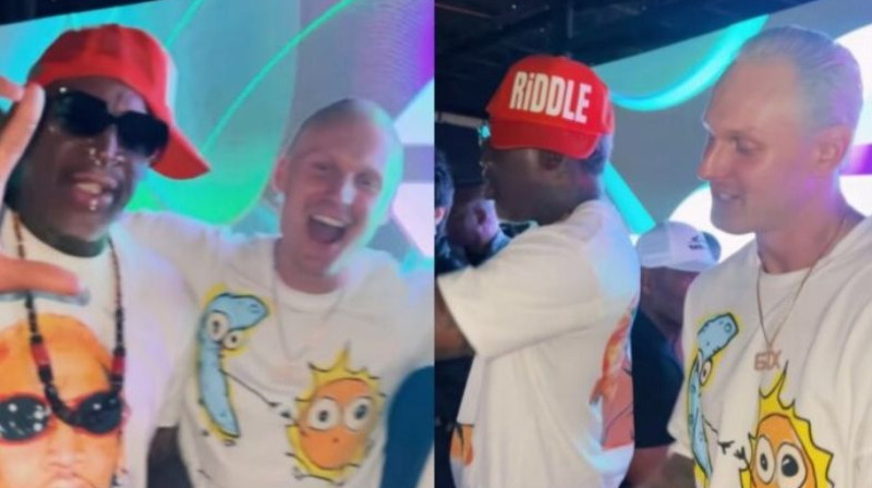 Latviešu basketbolists Jānis Timma kopā ar NBA leģendu Denisu Rodmenu. Foto: Instagram/Jānis Timma